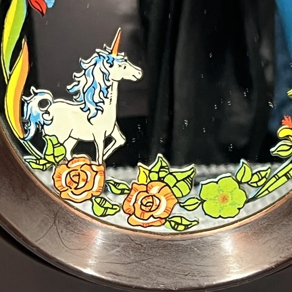 VTG 70's Yaps Brown Lucite Mirror Unicorn Floral Music Box Small‎ Drawer RARE